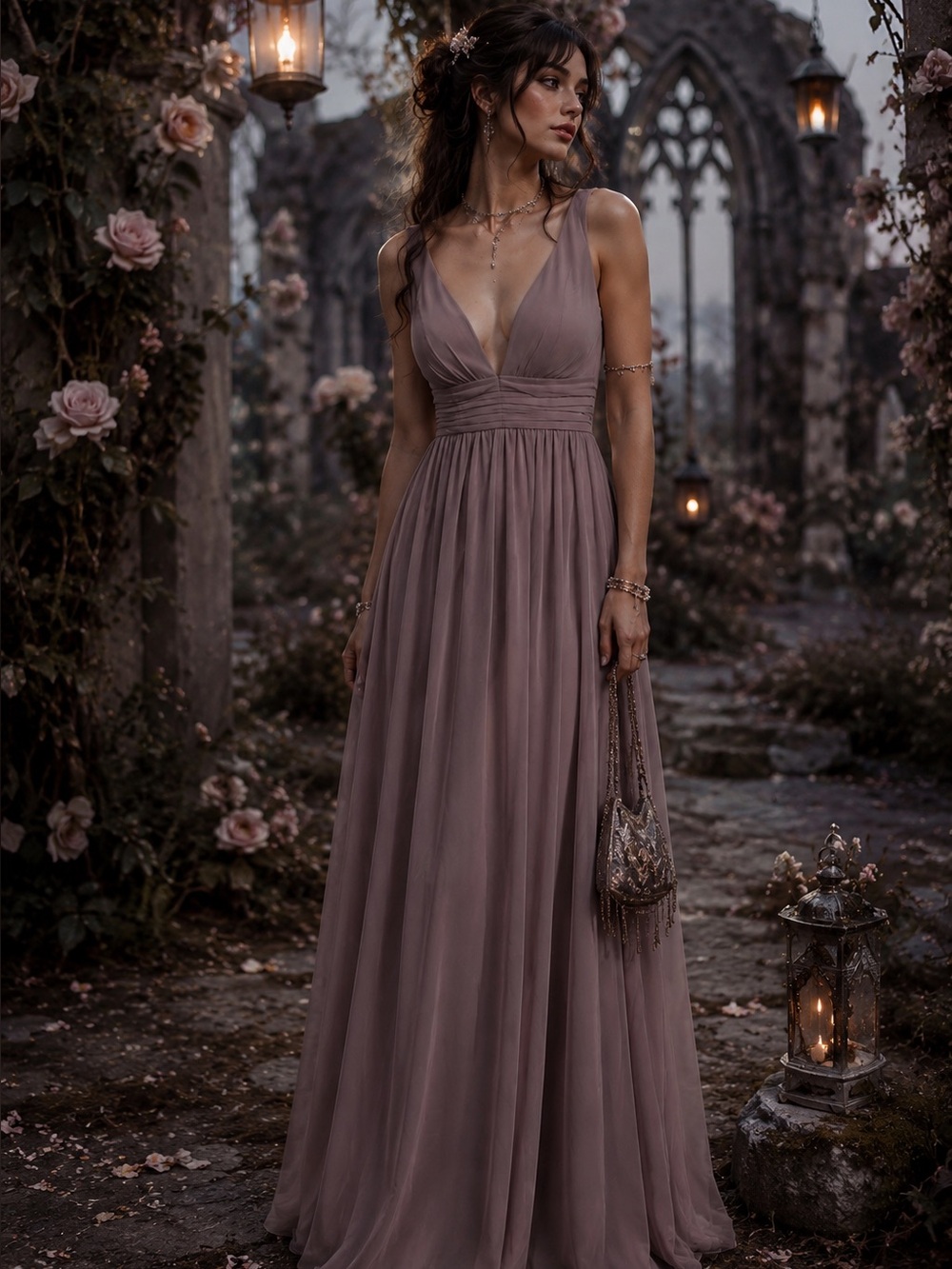 Lulu's XS Dusty Mauve Elegant Deep V Maxi Dress Special Occassion Bridesmaid